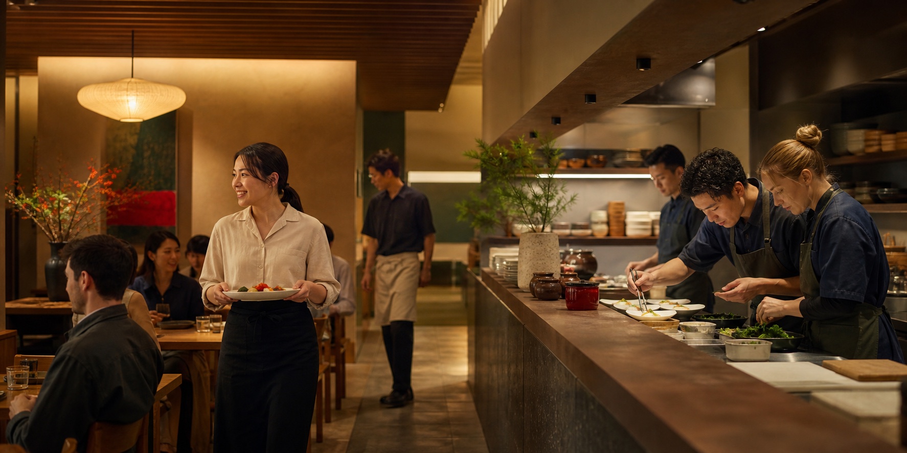 飲食店のホールで接客するスタッフと、キッチンで調理するスタッフ